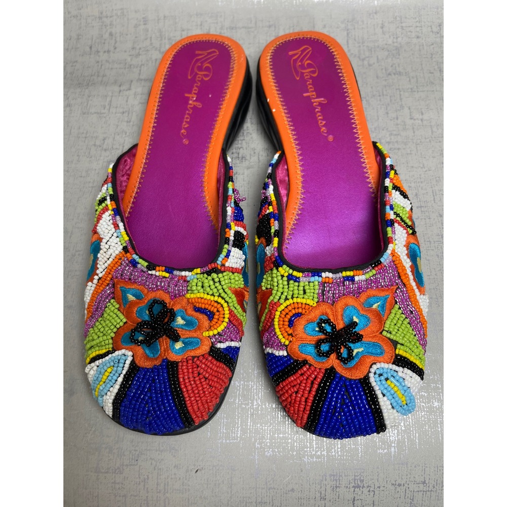 Paraphrase Colorful Beaded Floral Mule Slides 7 M Boho Artsy Festival Whimsical